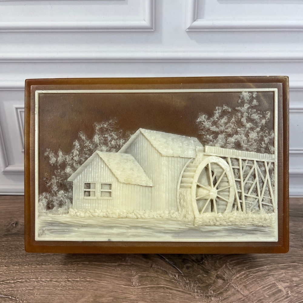 Vintage 70s Design Gifts Trinket Box 8 in Brown Water Mill 3D Relief Carving USA